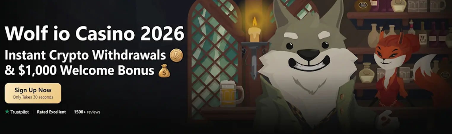 Wolf io Casino 2026 hero banner featuring a stylized wolf mascot, a $1,000 welcome bonus offer