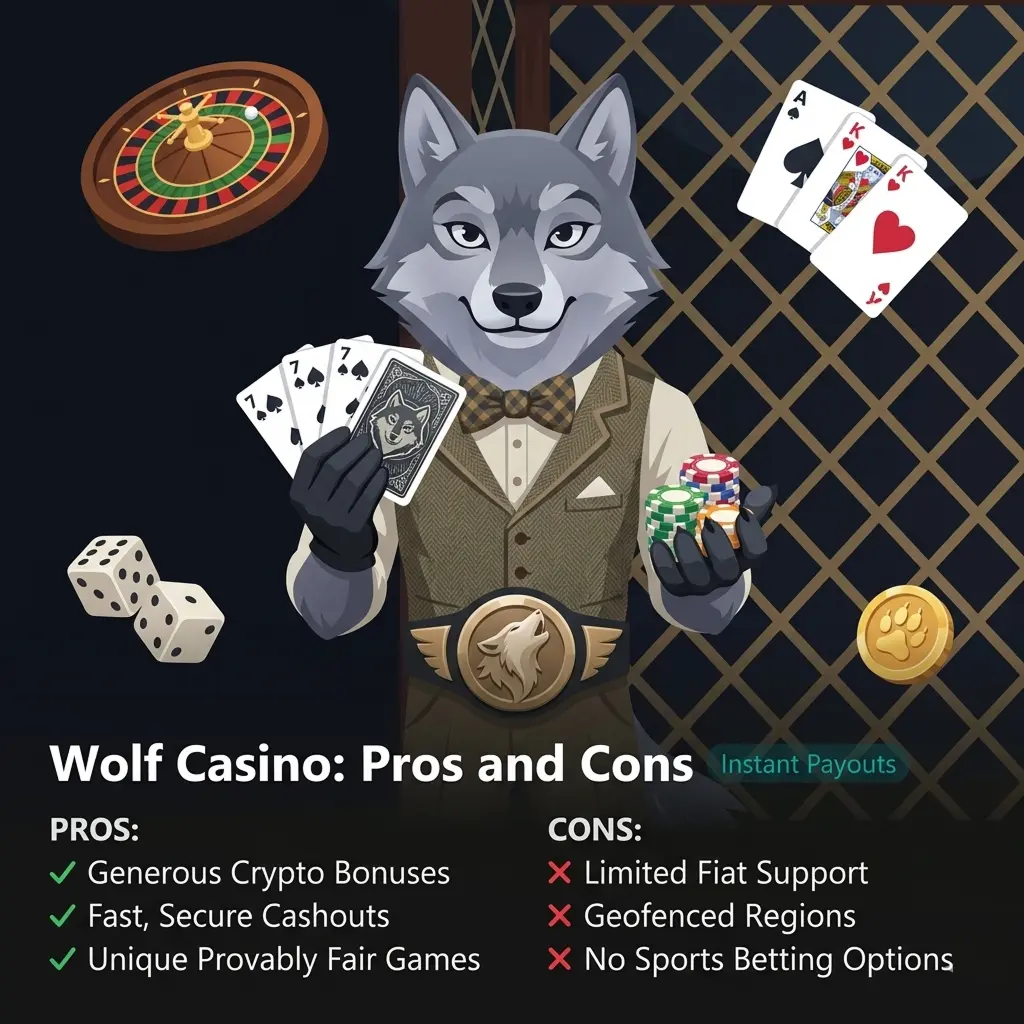 Comparison chart illustrating the benefits like no-KYC options and the few limitations of playing at Wolf.io