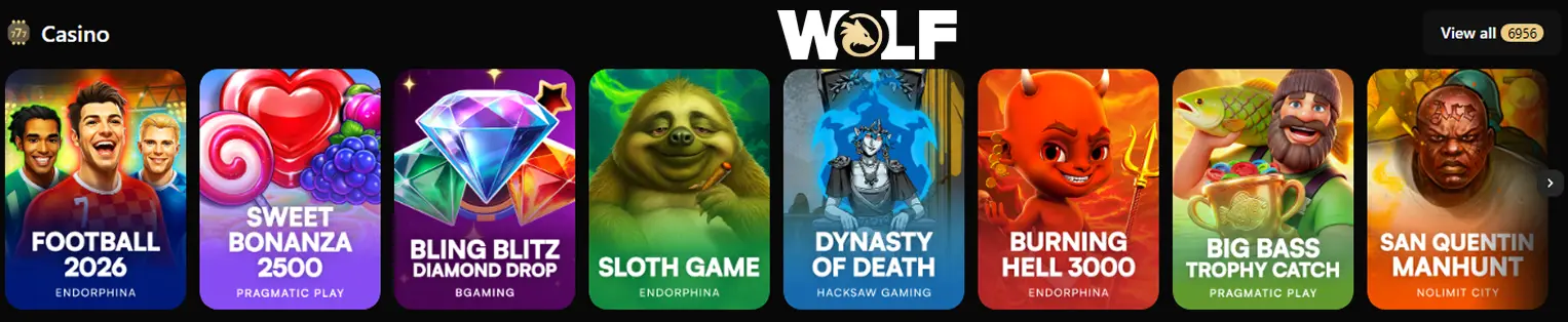 Wolf Casino, featuring premium slots, Megaways, and classic table games