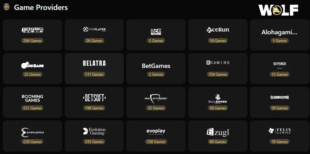 logos from leading casino game developers like Pragmatic Play, NetEnt, Evolution, and Hacksaw Gaming at Wolf IO