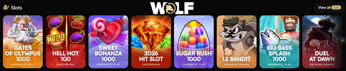 top slot game thumbnails displayed in the main slots lobby of Wolf io Casino