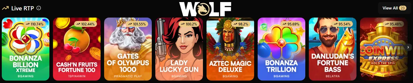 High-paying slot machines at Wolf io Casino with visible high return-to-player (RTP) percentages