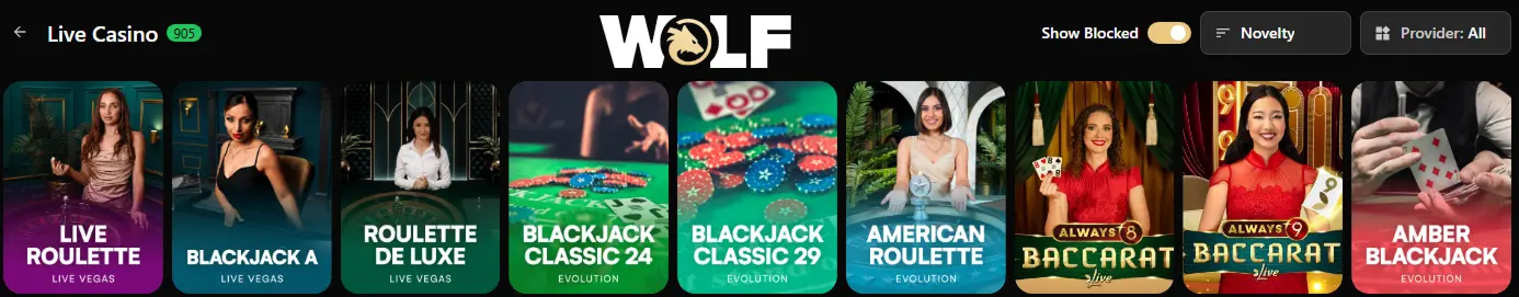 Card game split-screen featuring professional live dealers at blackjack, baccarat, and poker tables at Wolf io