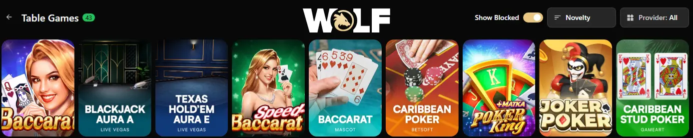 Virtual table games section at Wolf io
