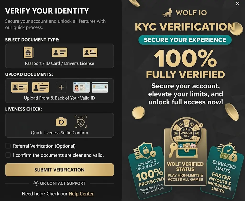 document upload process for identity and KYC verification at Wolf io Casino