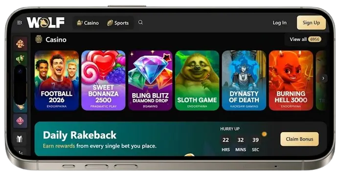 mobile version of the Wolf Casino site for iOS and Android